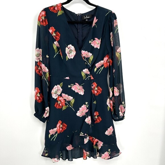 LULUS In Full Bloom Navy Blue Floral Print Long Sleeve Mini Dress Size Small - Picture 5 of 11